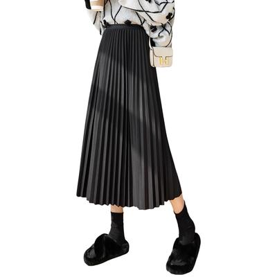 MEME XTRA Pleated Long Elastic High Slimming Maxi Office Solid 3 Winter Women's Skirt, Skirt, A-Line, Waist, Waist, Figure-Flattering, Skirt, Shiny,
