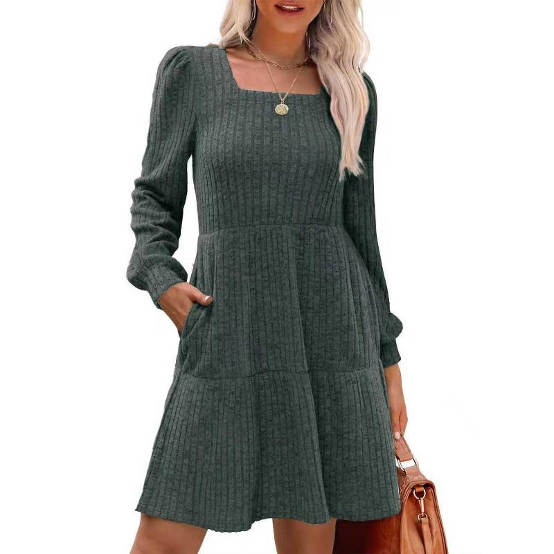 GMXIA Women's Fashion Autumn Winter Square Collar Long Sleeve Solid Color Print Casual Dresses