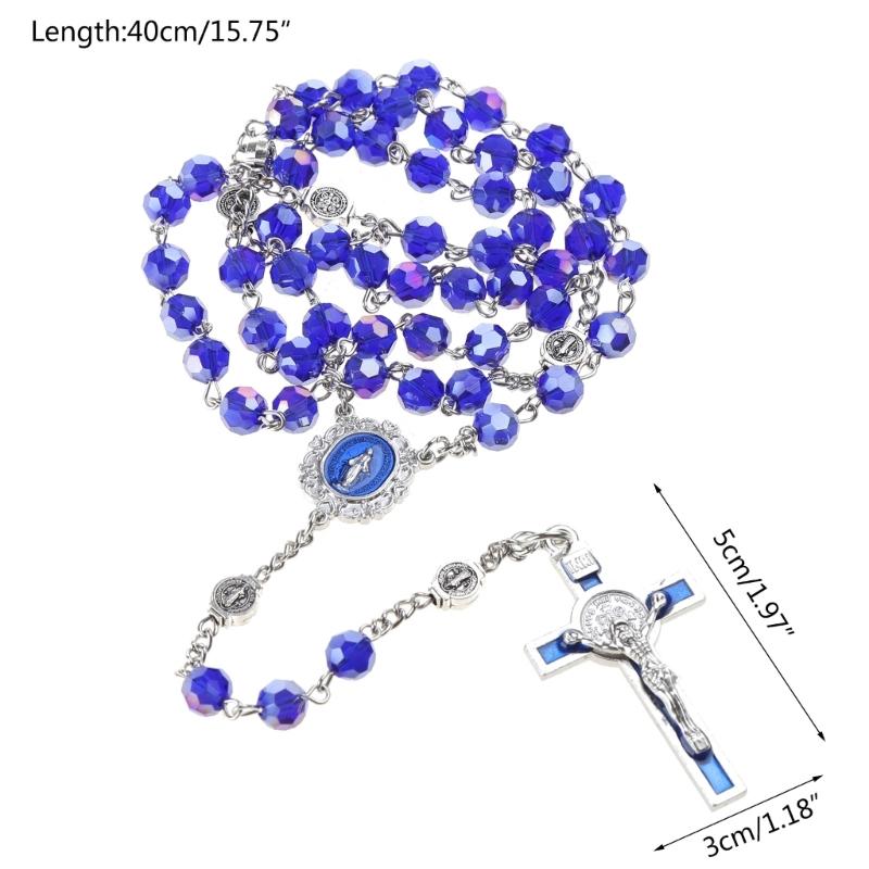 10mm Acrylic Bead Rosary Necklace Vintage Weave Catholic Religious Cross Jesus Pendant Necklaces for Men Women Jewelry Charm