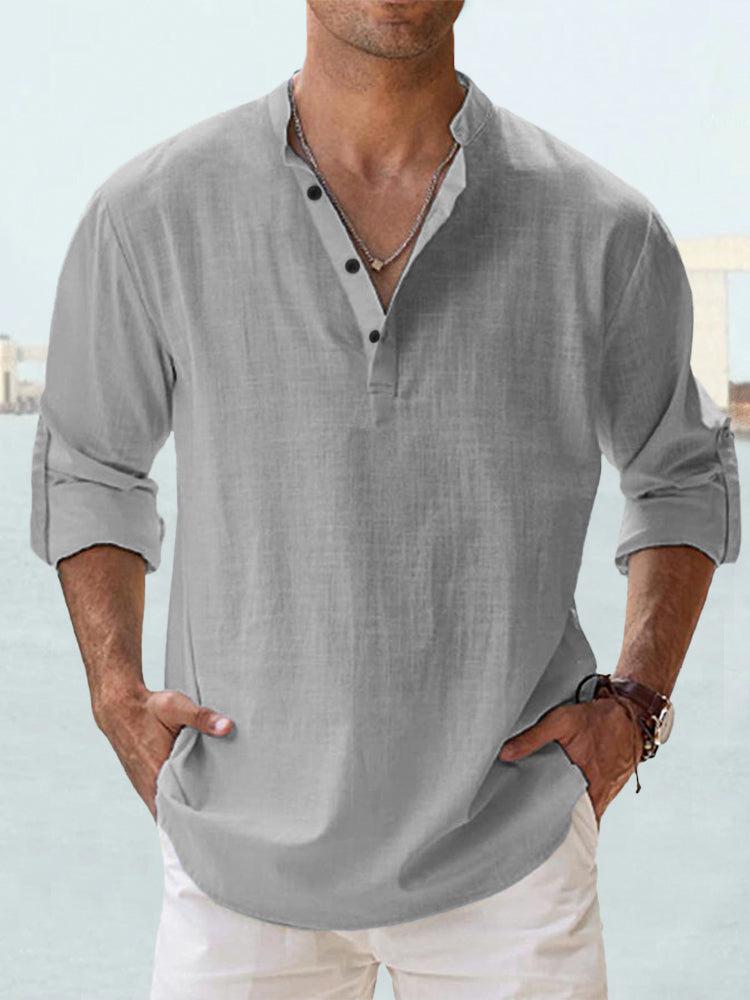 New Cotton Hemp Shirt Loose Men's Casual Shirt Lightweight Long Sleeve Henry Beach Shirt Hawaii T-shirt Large Men's Street Wear