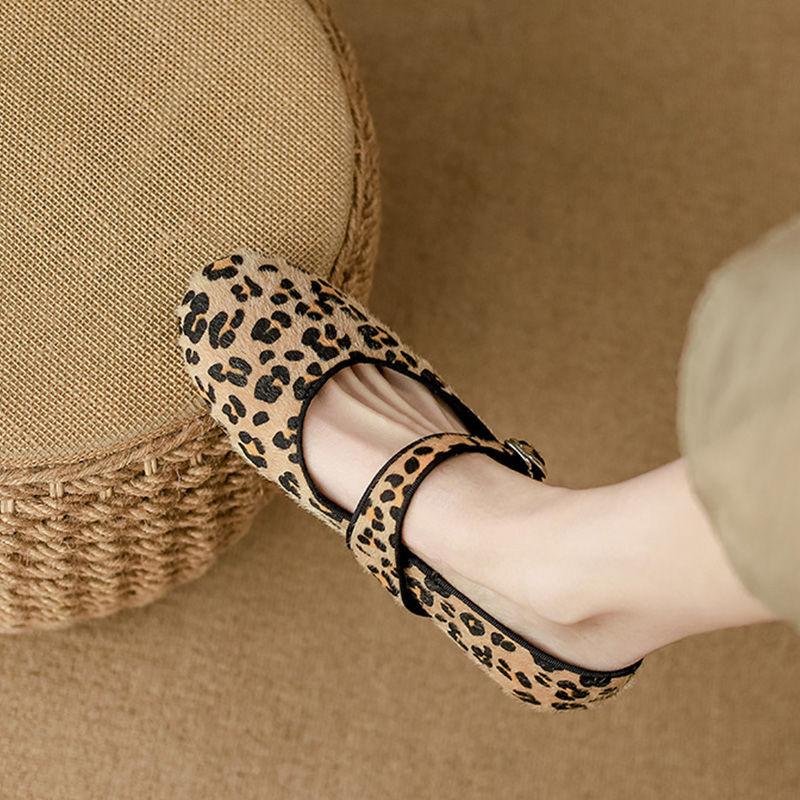Retro leopard print single shoes women's new one-word buckle with Mary Jane flat-soled soft-soled one-pedal beanie shoes