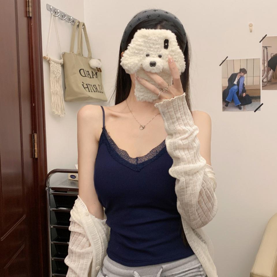 #Early Autumn New Pure Lace Lace Polished Warm Sling Vest Slim Fixed with Chest Pad Slim Woman