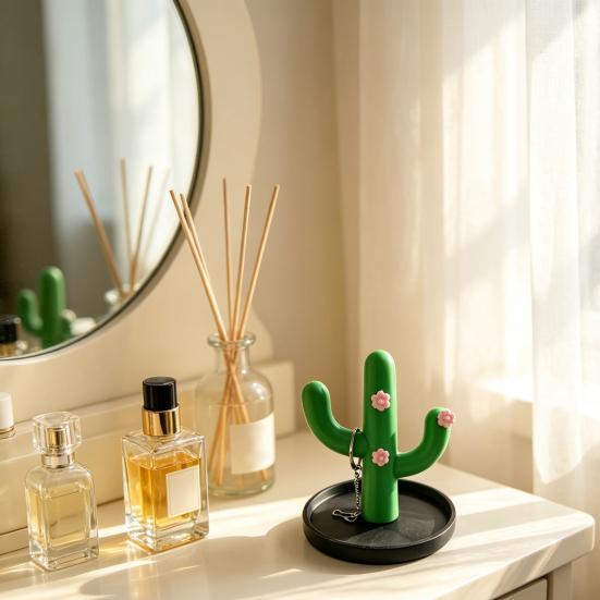 3D Printed Cactus Jewelry Holder, Desktop Jewelry Organizer, Jewelry Display Rack with Cute Pink Flower Design for Rings Earrings Bracelets Necklace,
