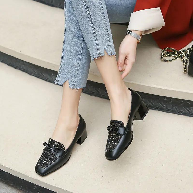 Woman Pumps Block Heel Loafers with Bow Chunky Heels Square Toe Shoes for Women Medium Y2k Popular Stylish Luxury Brand Shoe 39
