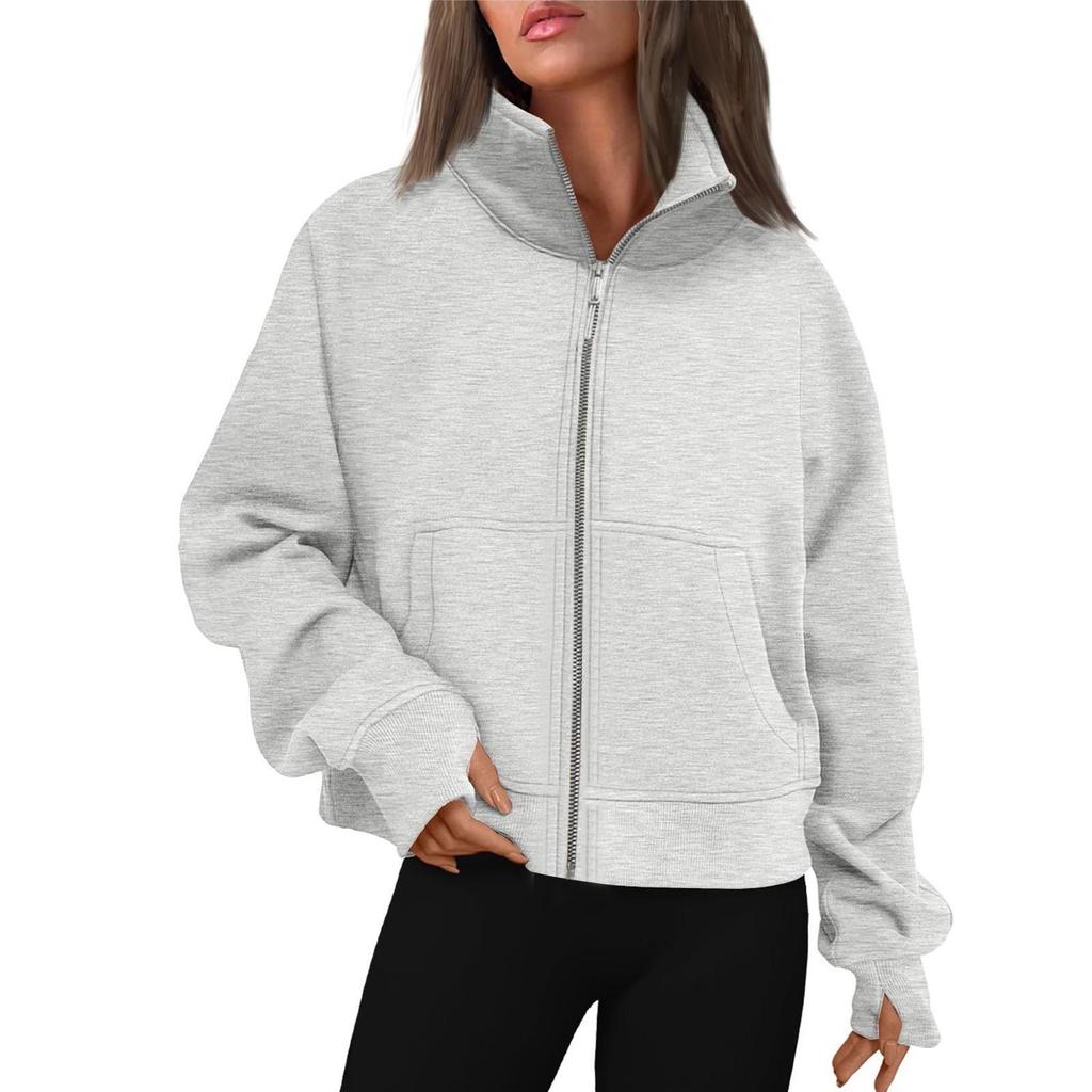 Women's Fashionable Long Sleeved Solid Hooded Zippered Sweater Jacket