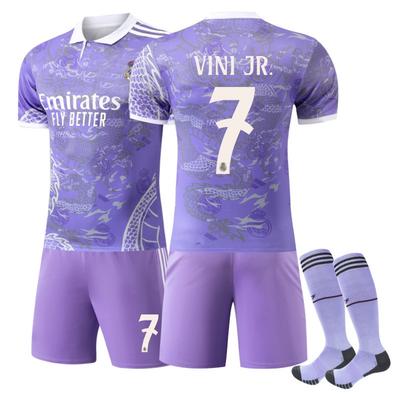 Teens Kids Adults Football Kits Sport Training Jersey Set with Socks 25/26 Real Madrid Dragon-pattern Suit #7 Vini JR