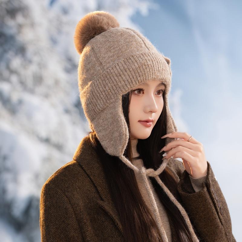 Hat women's autumn and winter cute hairball knitted wool hat thickened ear protection warm fashionable versatile