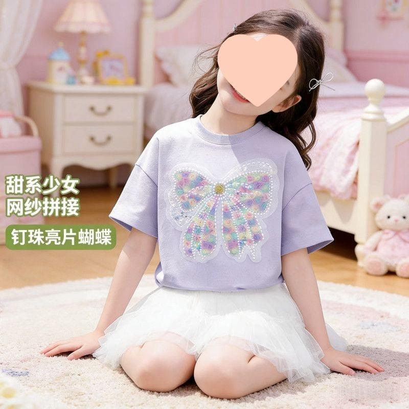 Girls Cotton Short Sleeve T Shirt with Bow Loose Casual Top for Summer