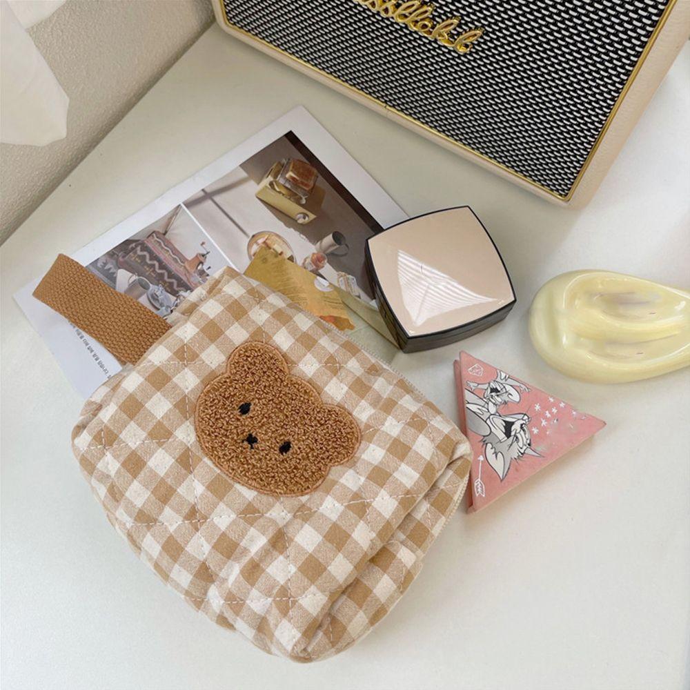 

Косметичка Милая клетчатая хлопковая косметичка на молнии с изображением медведя Сумка для хранения несессер Женская косметичка
