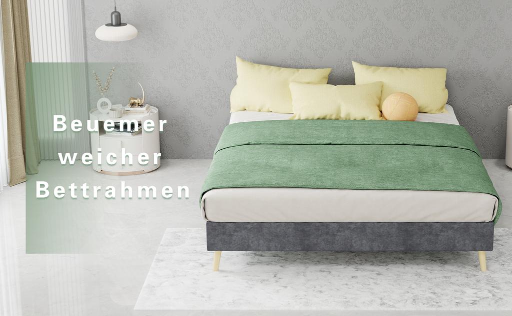 Modern Minimalist Bed Frame, 140x200 cm, Grey, Dutch Velvet Fabric, Low-Profile Base, Bedroom Furniture. Excludes Gas Lift, Headboard, and Mattress.