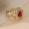 Gorgeous Vintage Inlaid Red Oval Synthetic Zirconia Golden Plated Ring for Women's Elegant Exquisite Banquet Jewelry Accessories
