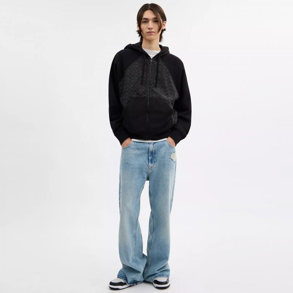 Coach Signature Full Zip Hoodie In Organic Cotton Charcoal Signature