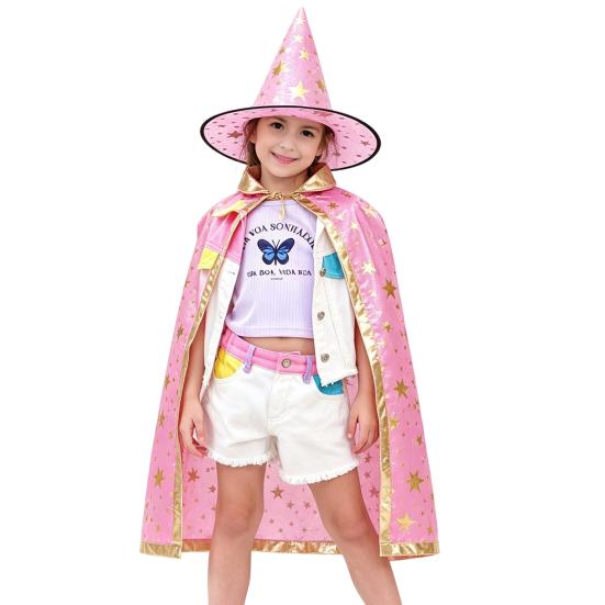 Star Pattern Wizard Cape Kids Cloak with Hat for Boys Girls, Halloween Witch Theme Role Play Costume Prop Party Cosplay Outfit, Fancy