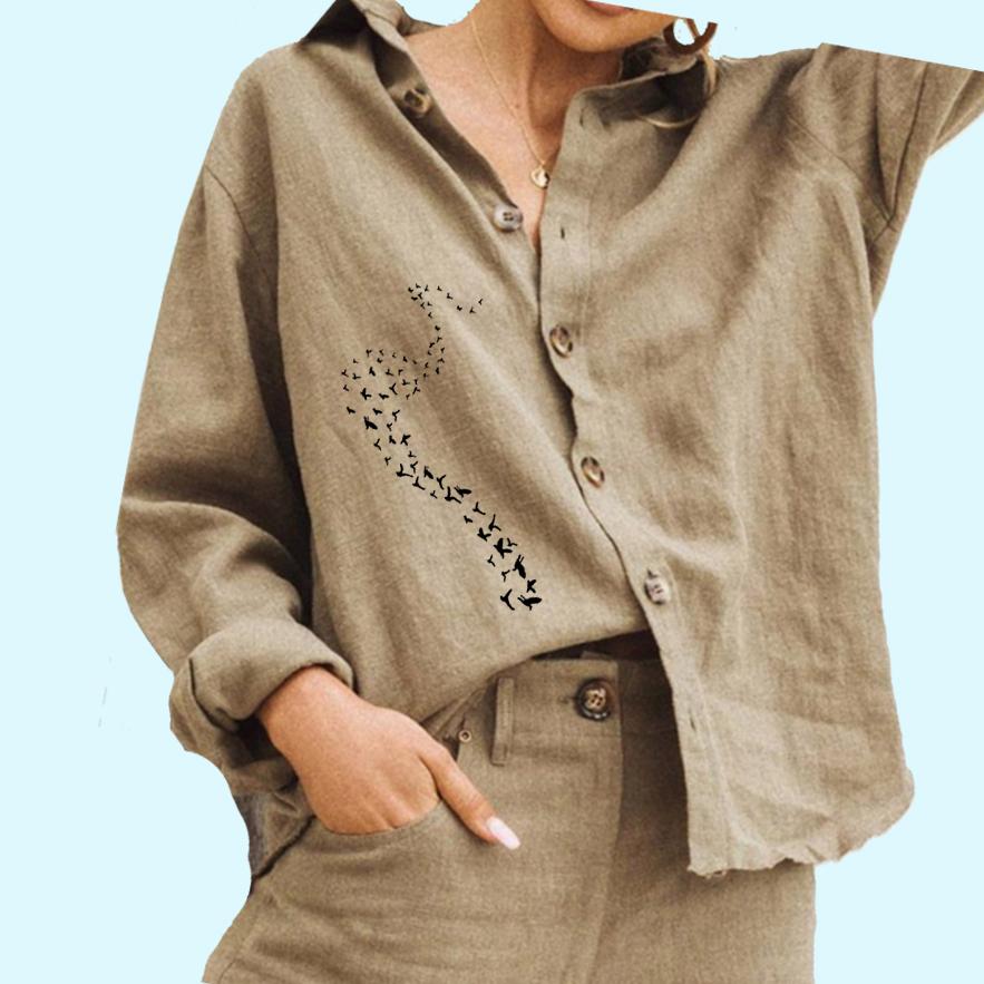 

Женская мода Цветочный принт Блузка Дамы Хлопок Льняной Топ Повседневная рубашка на пуговицах 3XL хаки