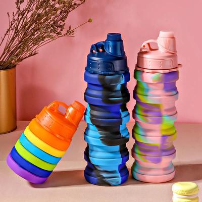 Bouteille d'eau portable pliable en silicone avec couvercle, motif camouflage, bouilloire pliable pour le sport, les voyages, avec mousqueton