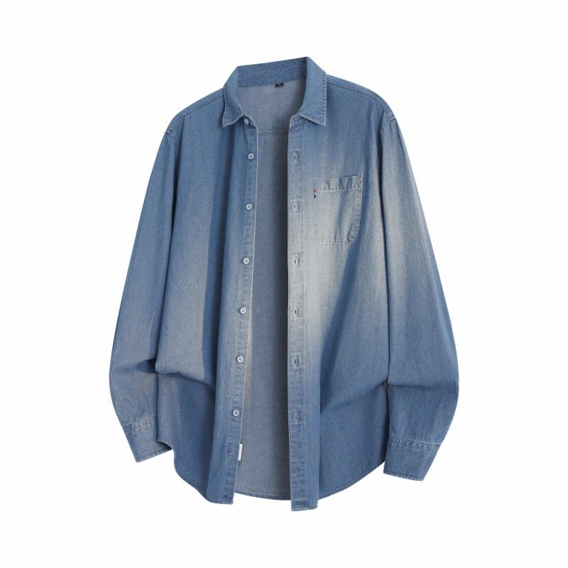 Minimalist Solid Color Jakas Men's Long-sleeved Shirt Autumn Denim Lapel Loose Men's Casual Jacket Coat Men's Breathable Work Casual Jacket