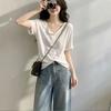 Women Henley V Neck T-Shirt, Twisted Hem Casual Short Sleeve White Summer Top