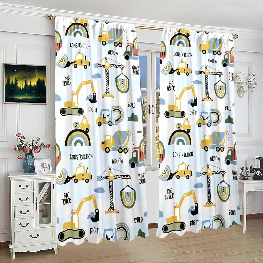 Cartoon Truck Printed Curtains Polyester Window Drapes Home Decor Kids Room Birthday Party De Light Blocking Set Of 2 Made With Rod Pocket