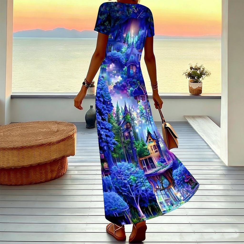 Women Plus Size V Neck Short Sleeve Maxi Dress Black Beige Brown Geometric Block Print Loose Long Dress