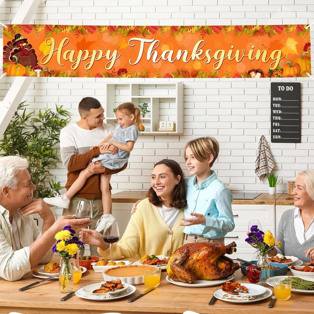 Large Thanksgiving Banner Decorations Outdoor 120x20 Inch,Turkey Maple Leaf Pumpkin Decorations Happy Thanksgiving Yard Banner for Indoor Home House