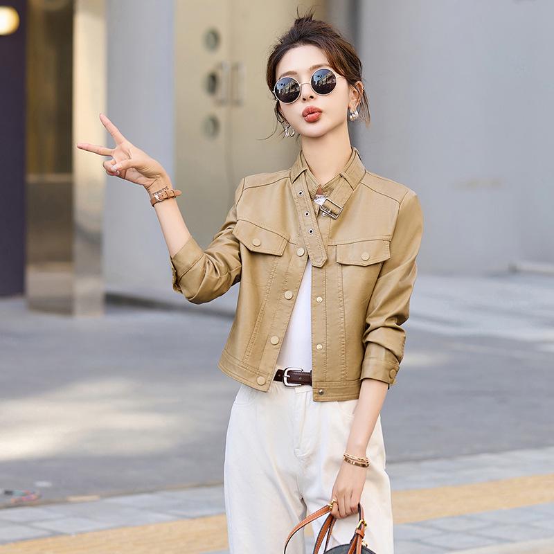 

Оригинальная женская тонкая короткая кожаная мотоциклетная куртка на весну/осень со стойкой L жёлтый