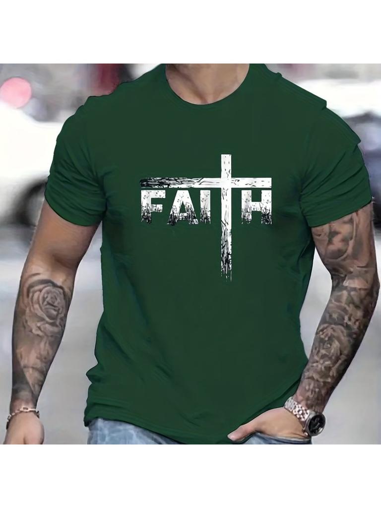 Men's Summer 3D Printed Men's T-shirt Faith Print Loose Large Casual Round Neck Short Sleeve T-shirt