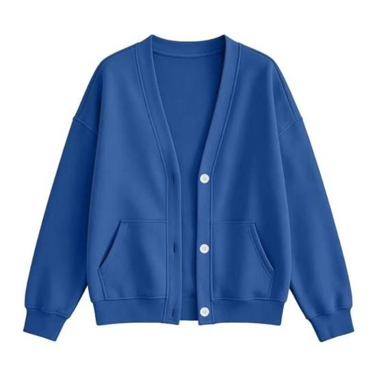 Solid Color Cardigan Women Button Front V-Neck Cardigan, Oversized Sweatshirt with Dual Pockets, Long Sleeve Casual Jacket for Fall Winter Pocket