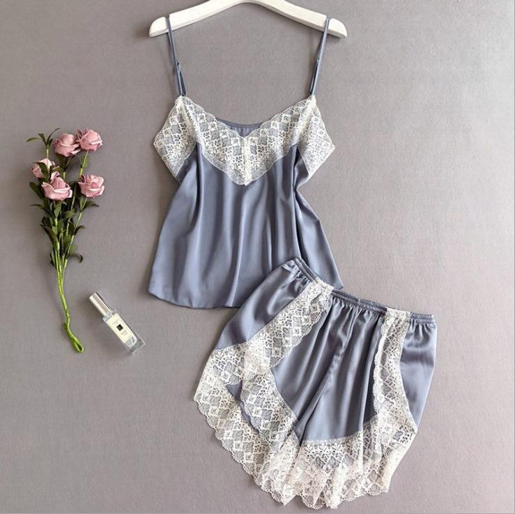 

Pajama set, women s ice silk thin style with chest pad suspender shorts, two new lace can be worn outside loungewear XXL сіро блакитний колір