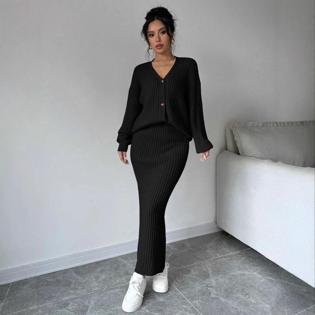 Women's Ribbed Knit Two-Piece Set with Long Sleeve Top and Wide-Leg Pants