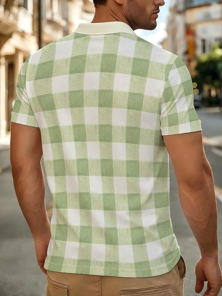 Men'S Outdoor Polo Shirt, Multi-Sizes Available, Green And White Checkered Print, Fashionable Casual Comfortable Top for Hiking And Leisure, Versatile