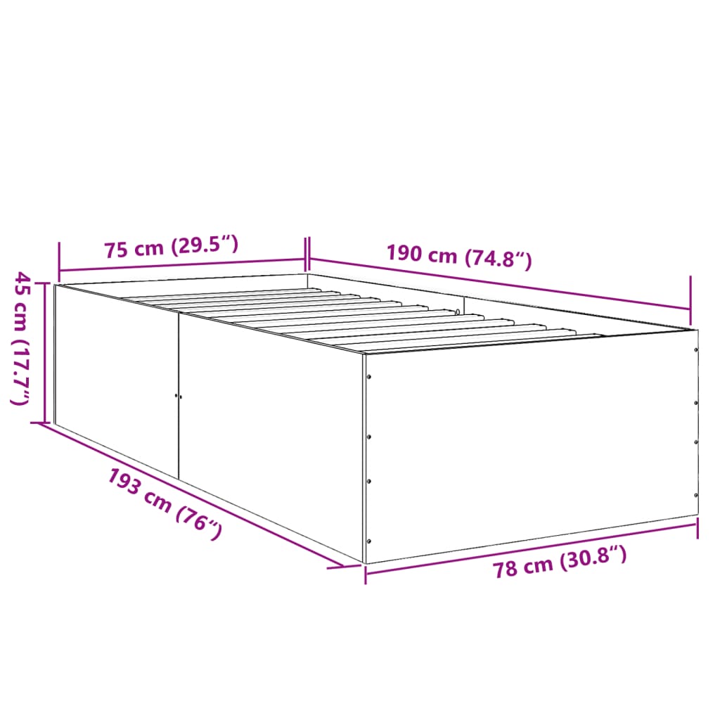 Bed Frame Concrete Grey 75 x 190 cm Engineered Wood