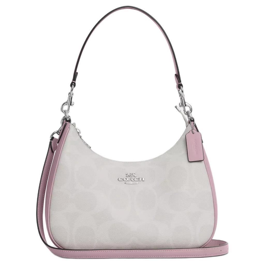Coach Borsa a Spalla Hobo in Tela Bianca Signature con Bordi in Pelle Rosa e Ferramenta Argentata per Uso Quotidiano