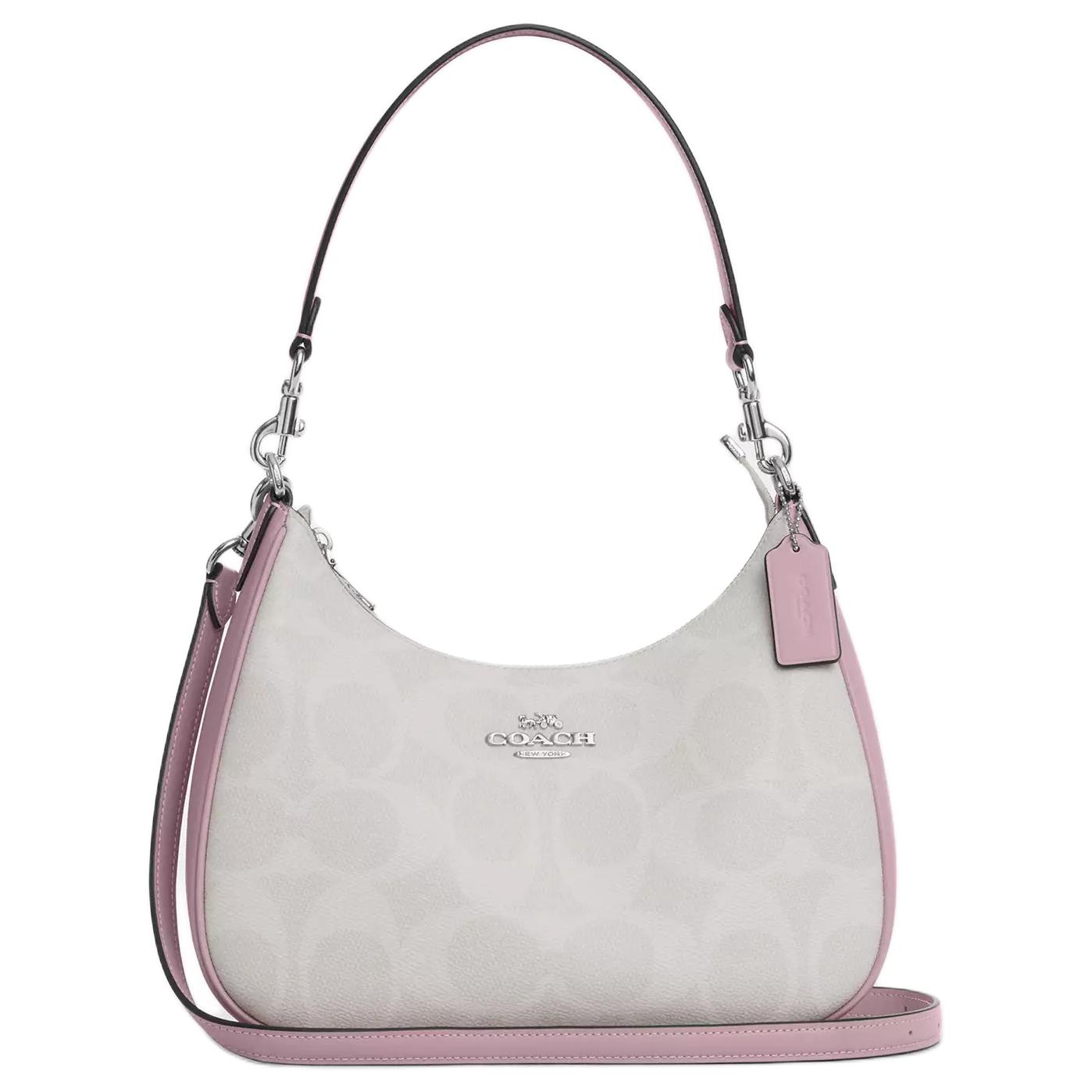 

Coach White Signature Canvas Hobo Shoulder Bag with Pink Leather Trim & Silver Hardware for Daily Use Basic Set (Bag+Dust Bag)