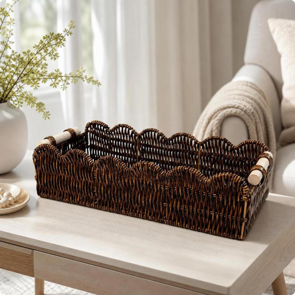 Bandeja Multiusos Estilo Ratán | Borde Decorativo, Diseño Abierto, Bandeja Rectangular de Almacenamiento, para
