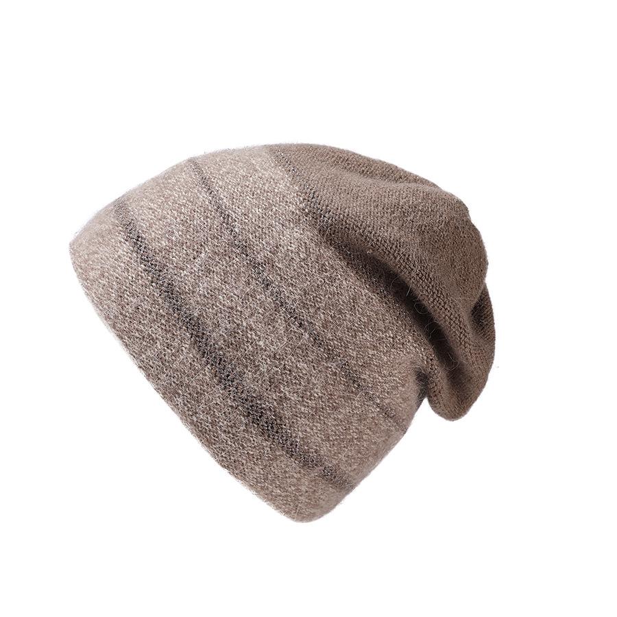 Korean Colorblock Rabbit Fur Fleece-Lined Beanie with Ear Protection – Elegant Women's Knit Hat for Cold Weather