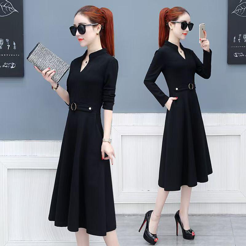European & American V-Neck Long-Sleeve A-Line Dress - Elegant Spring Mid-Length Style