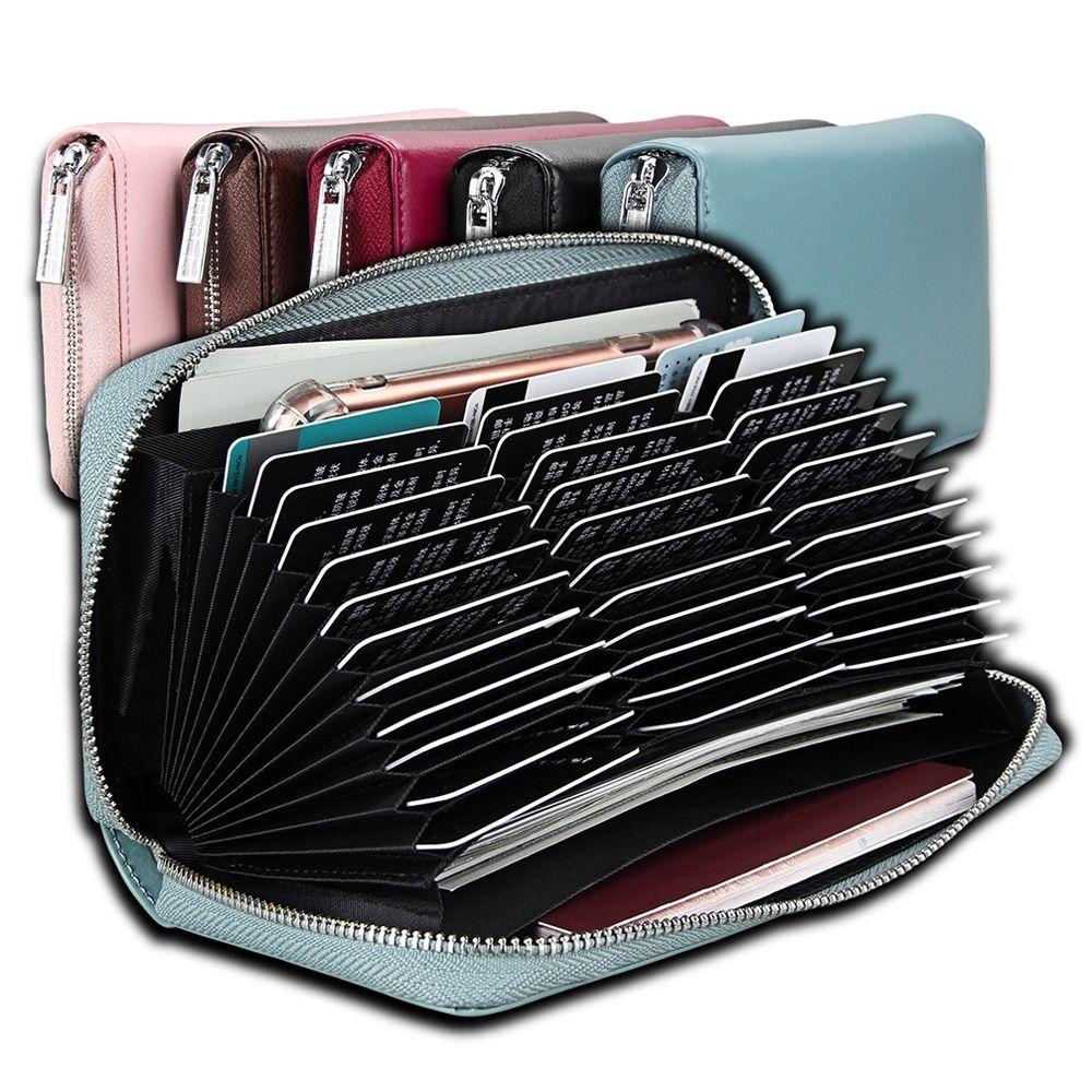 Large Capacity Genuine Leather Wallet Multiple Slots Multi-Card Credit Card Holder Zippered Accordion Design Card Storage Bag