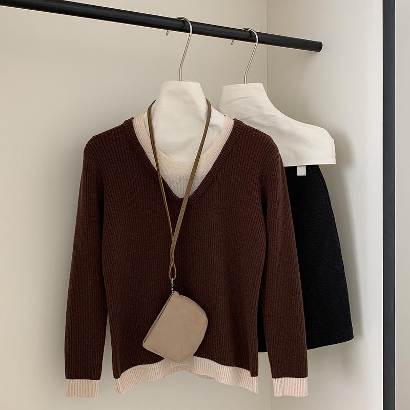Women's V-Neck Wool Sweater - Faux Two-Piece, Color Block, Warm Layered Pullover for Autumn/Winter