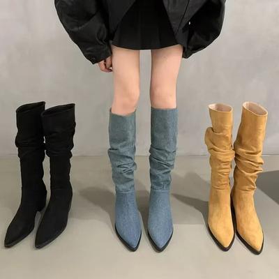 Fashion Knee High Chelsea Boots For Women Autumn New Ladies Modern Denim Female Shoes Low Heel Pointed Toe Western Boots