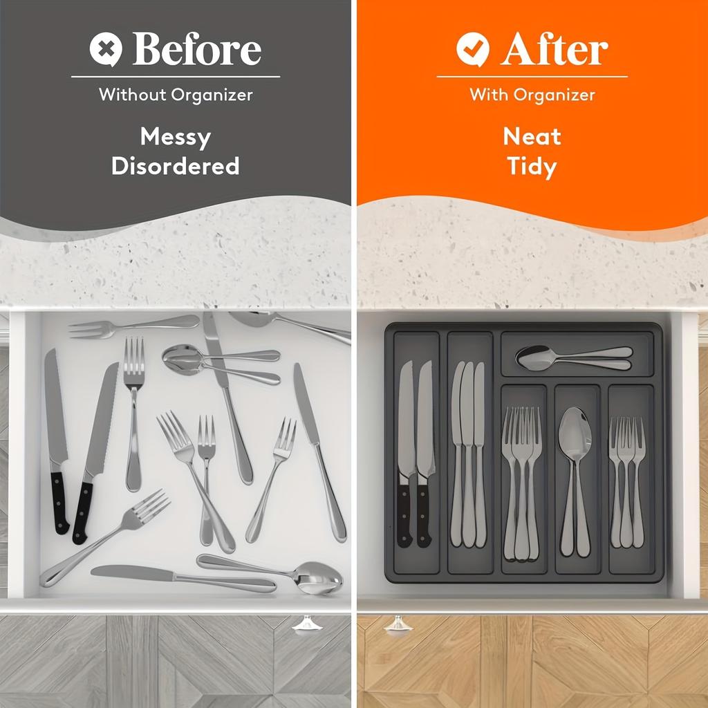 Silverware Organizer with Lid, Covered Utensil Tray for Kitchen Drawer and Countertop, Plastic Cutlery and Flatware Storage Box