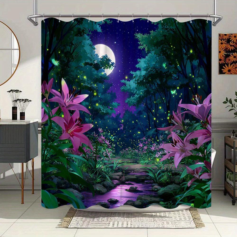 1pc Enchanted Anime Forest Shower Curtain - Moonlit Pink Lilies, Glowing Fireflies & Starry Night Sky Design - Durable Polyester