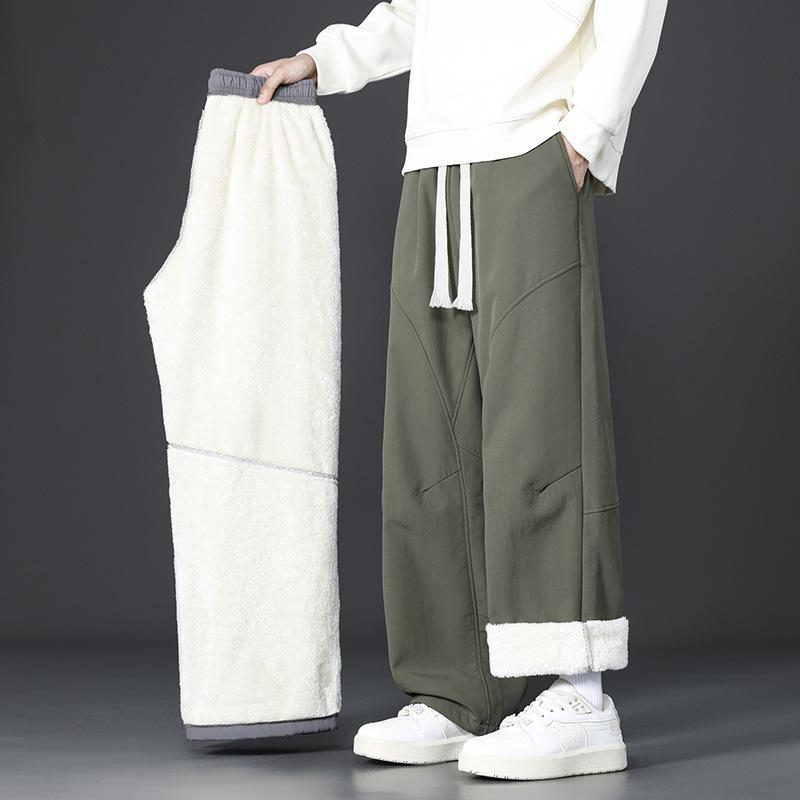 

Мужские флисовые повседневные брюки хаки свободного прямого кроя зимние теплые утолщенные брюки с широкими штанинами в корейском уличном стиле на флисовой подкладке 4XL зелёный