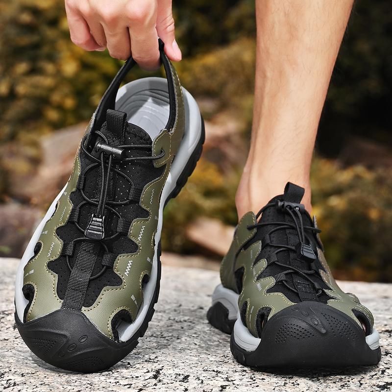 Men's Leather Sandals Summer Outdoor Hiking Shoes Water Wading Anti Slip Toe Wrapped Beach Shoes Size 38-45