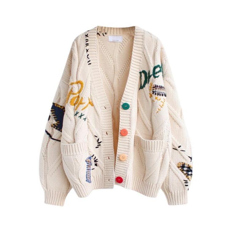 Gestrickte Jacke Locker V-Ausschnitt Langarm Tasche Besticktes Buchstabenmuster Damen Herbst Winter Pullover