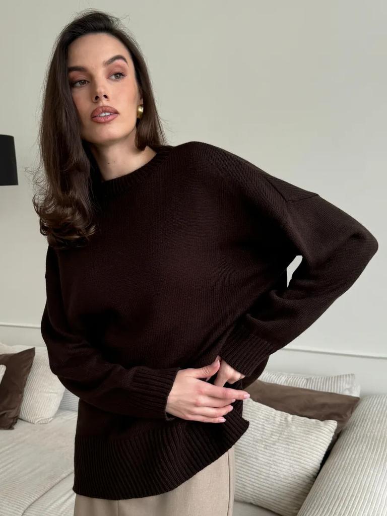 Crew neck pullover sweater, European & American 2025 autumn/winter slit solid color knit sweater, versatile warm casual sweater for women