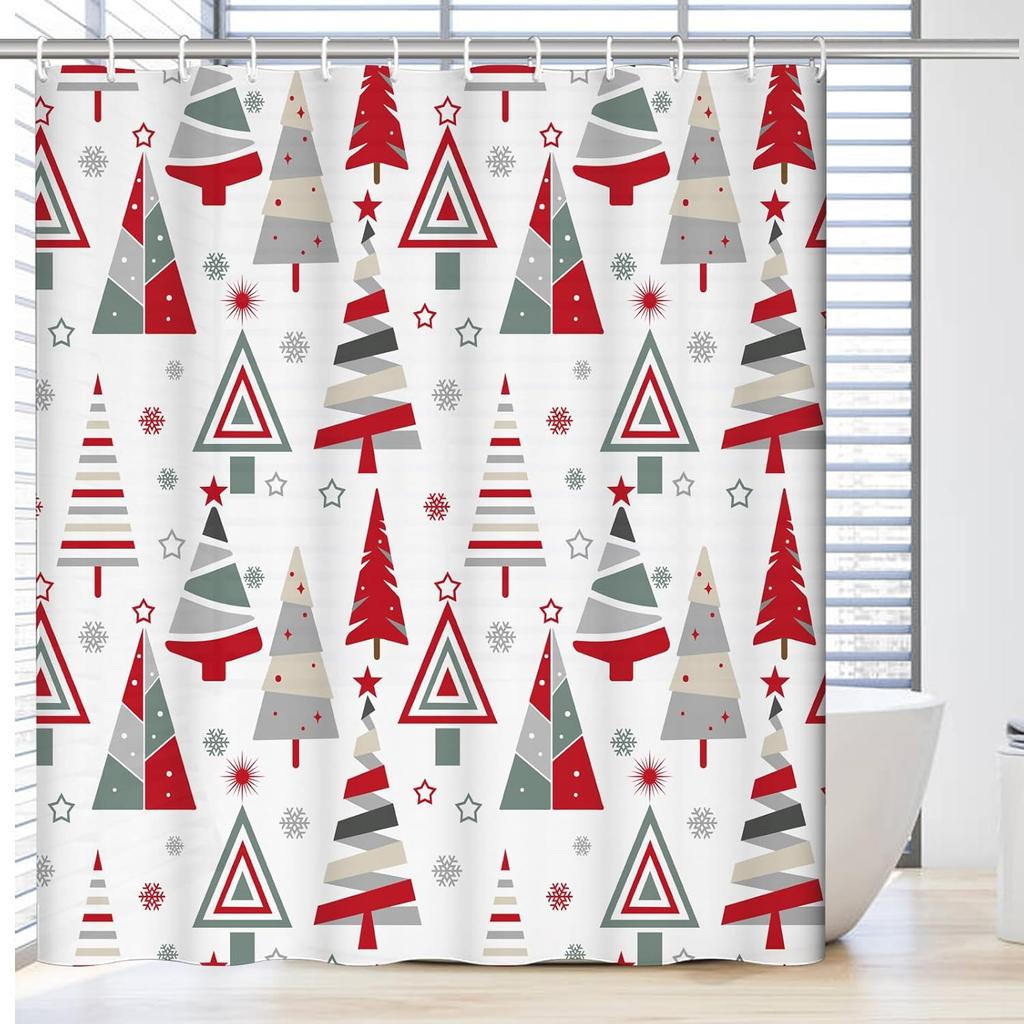 Merry Christmas Shower Curtain, New Year Winter Bathroom Curtain, Christmas Tree Shower Curtain With Red Stars Snowflake