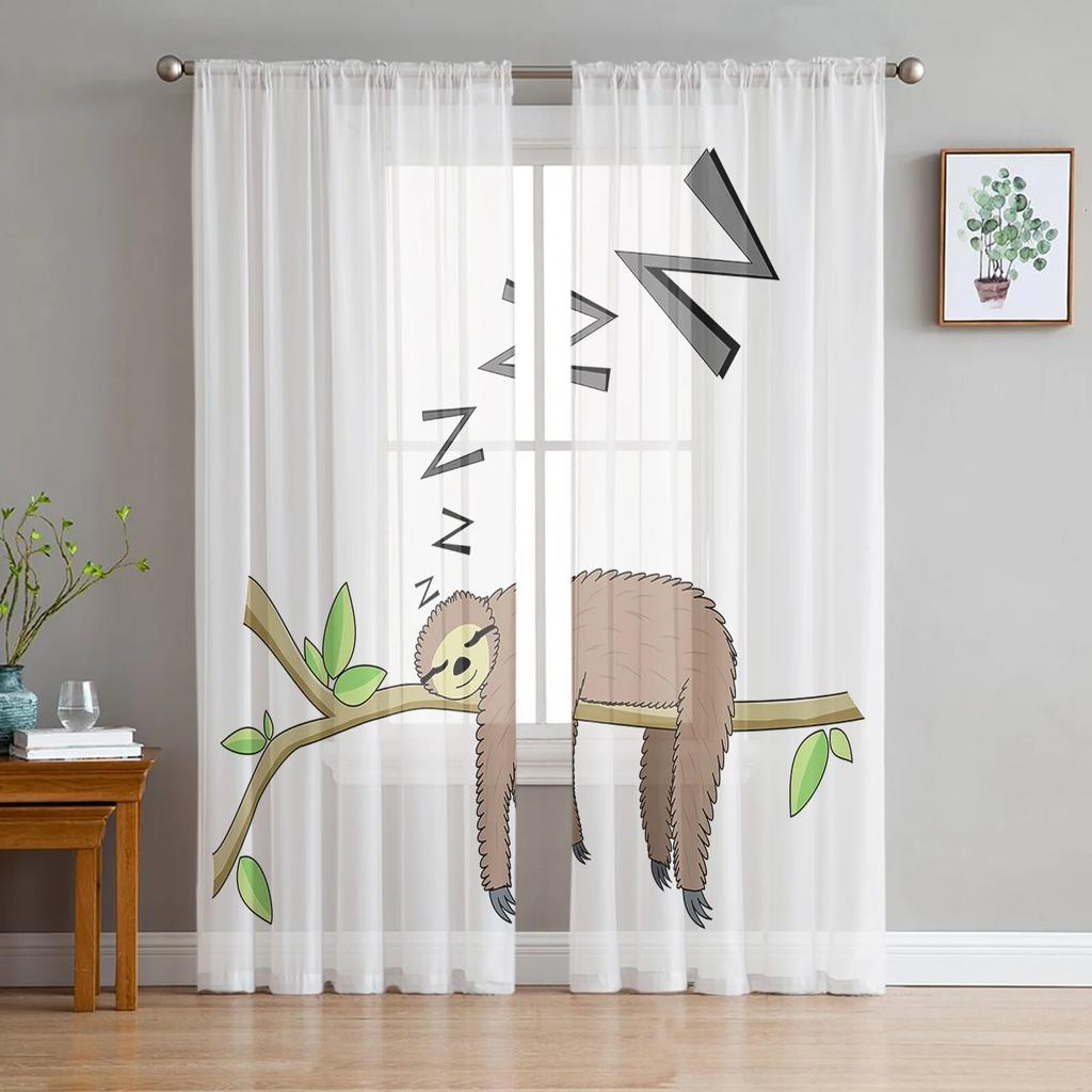 Animal Cute Sloth Cartoon Luxury Tulle Curtains Modern Living Room Kitchen Chiffon Curtain Bedroom Sheer Valance Curtain
