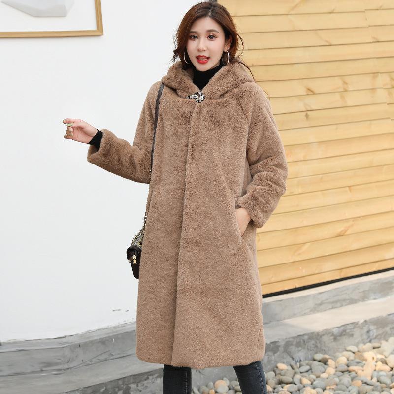 Imitation Rex Rabbit Hair Imitation Fur Jacket Women's Autumn and Winter Imitation Mink Hair Coat Medium and Long Thickened Large Size Hooded