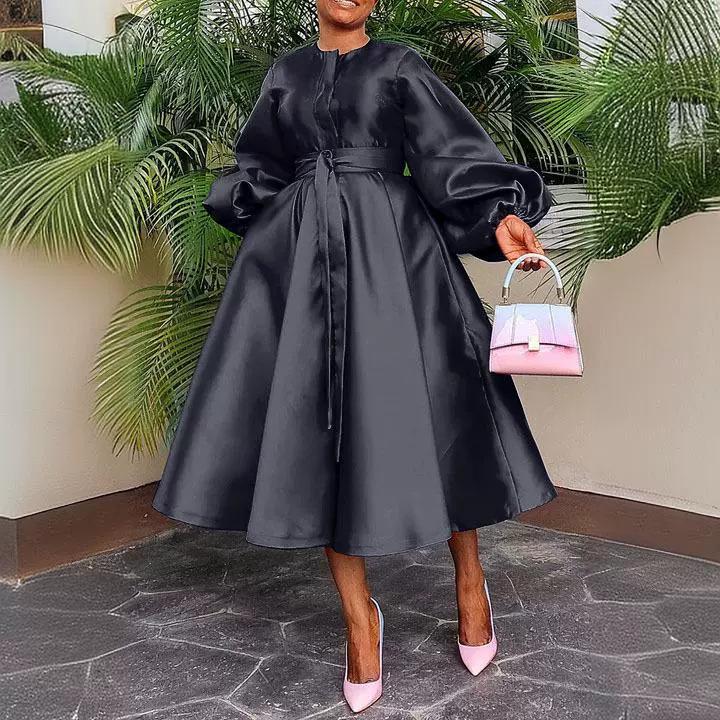 European & American Women's Solid Color Shiny Lantern Sleeve Dress