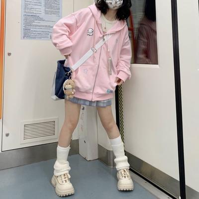 Harajuku kawaii rosa zip up hoodie feminino doce bonito dos desenhos animados bege moletom com capuz oversize coreano velo feminino azul topo